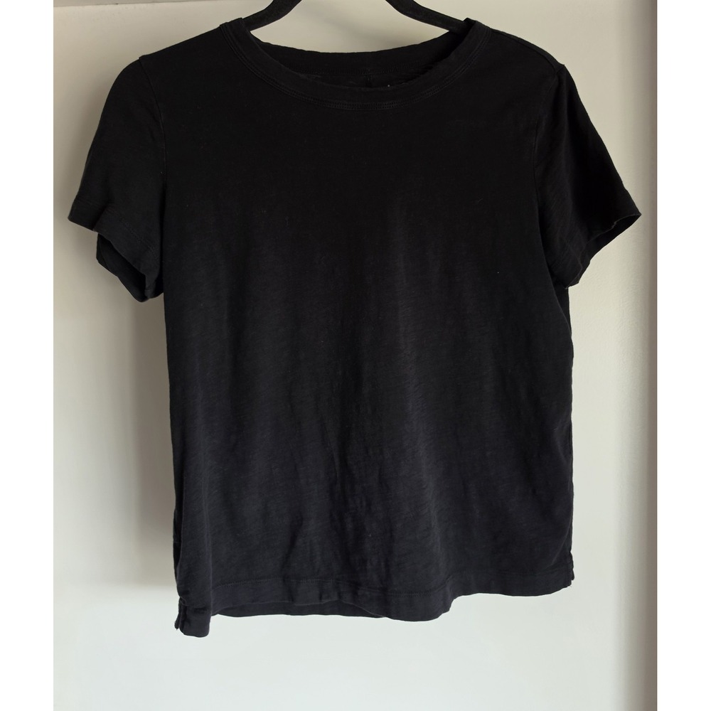 LOFT Women T-Shirt Size MP Black Solid Crew Neck Short Sleeve Cotton Tee Top